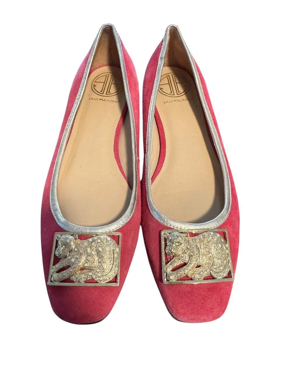 Lilly Pulitzer Pink Suede Ballet Flats with Gold Leopard Emblem